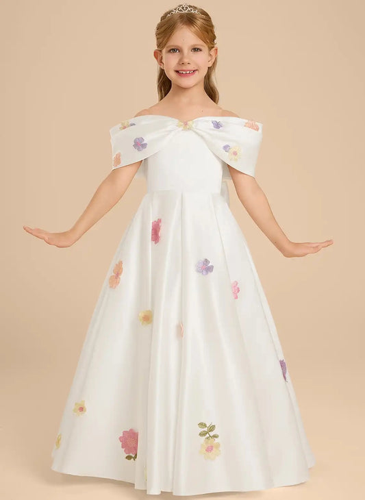 Elegant A Line Off Shoulder Bow Back Floor Length Flower Girl Dress
