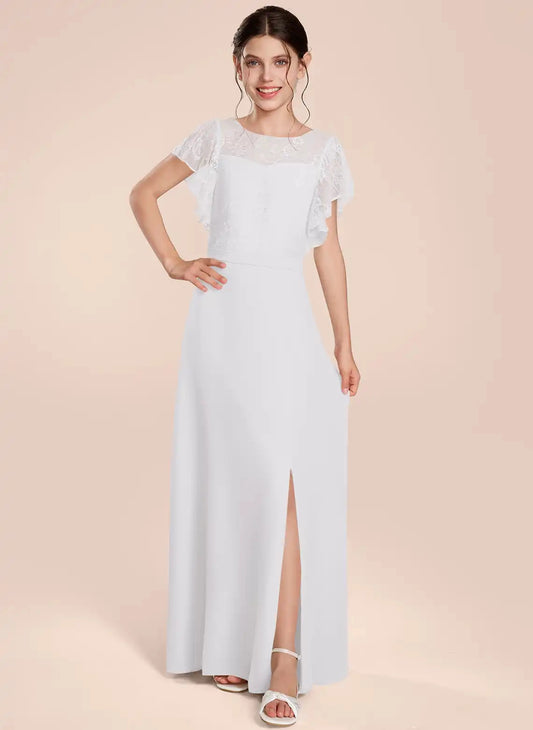 Elegant A?Line Round Neck Flutter Sleeve Keyhole Back Floor?Length Junior Bridesmaid Dress