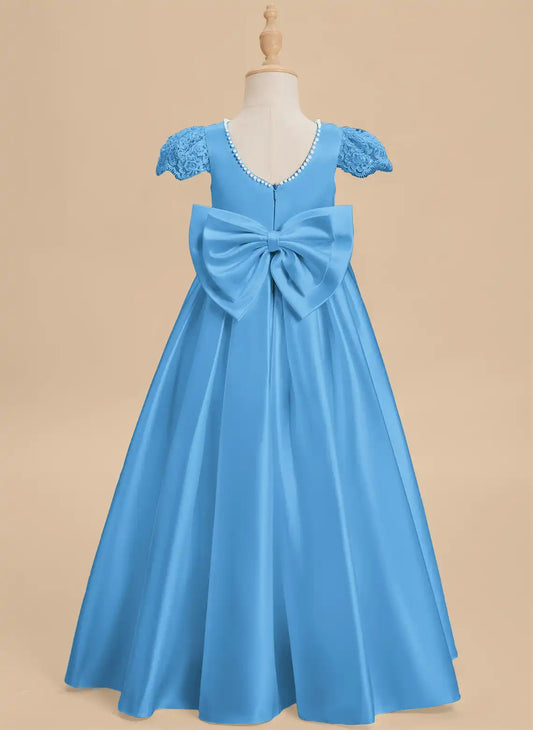 Elegant A Line Round Neck Lace Cap Sleeve V Back Floor Length First Communion Dress