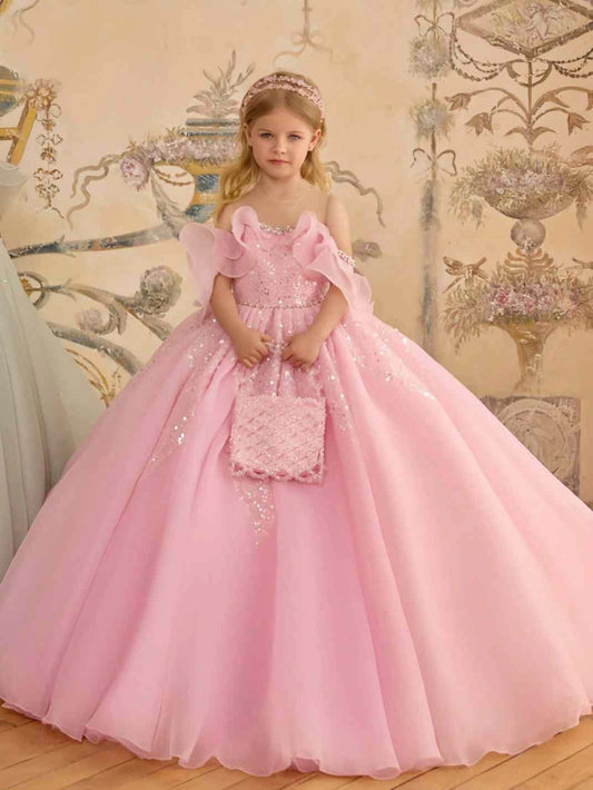Sparkly Ball Gown Off Shoulder Ruffle Sleeve Open Back Floor?Length Trailing Flower Girl Dress