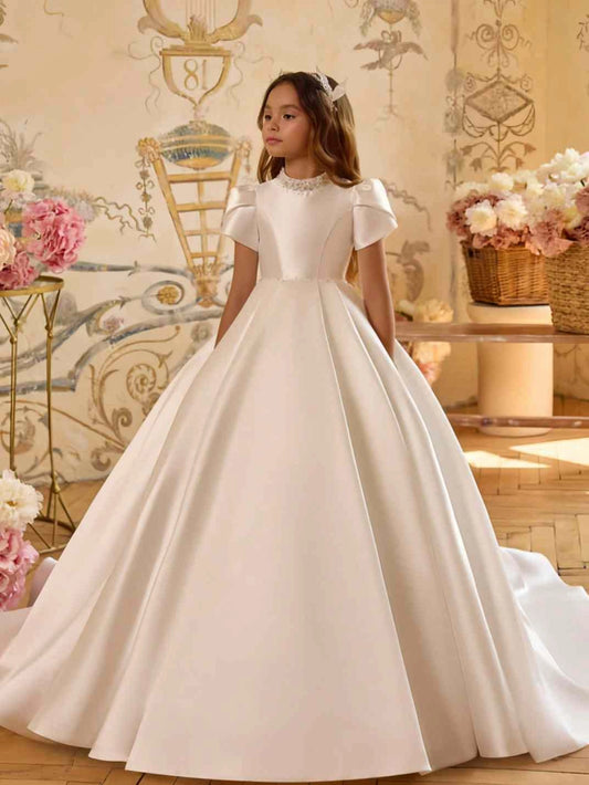 Elegant Ball Gown High Neck Short Puff Sleeve Bow Back Train Length First Communion Dress