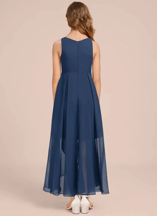 Elegant A-line One Shoulder Sleeveless V Back Floor Length Junior Bridesmaid Dress