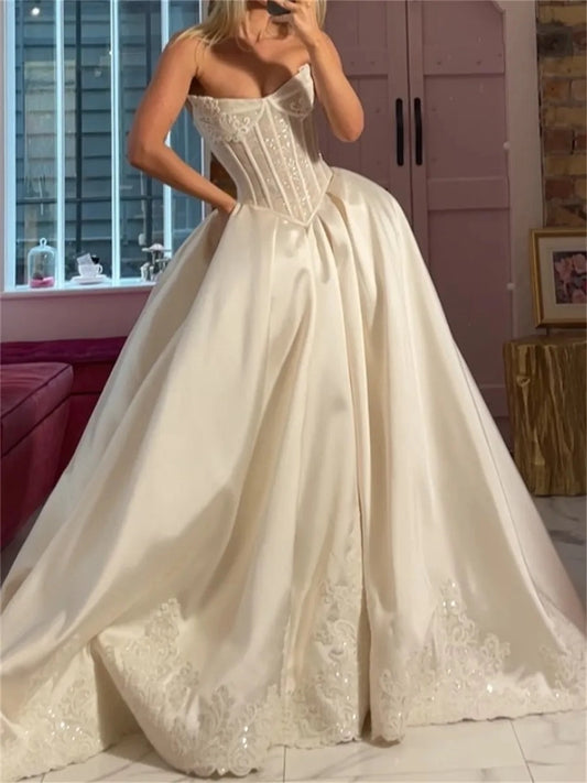 Romantic Ball Gown Sweetheart Sleeveless Structured Back Floor Length Wedding Dress