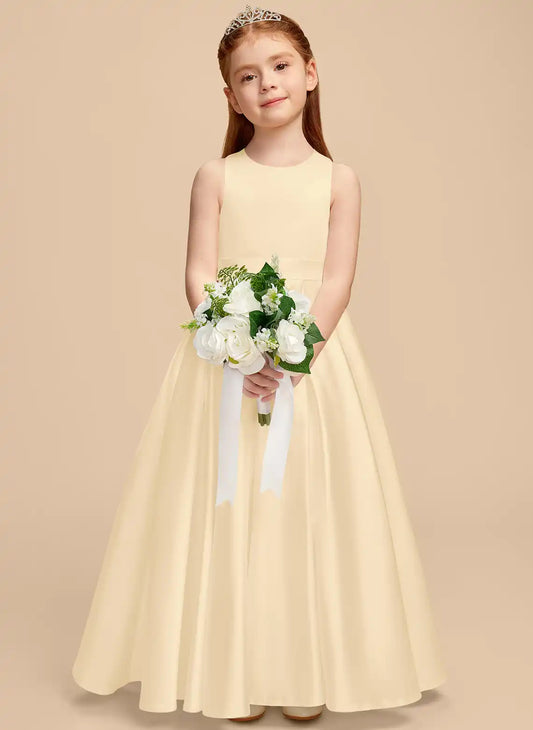 Satin A-Line Round Neck Sleeveless Keyhole Back Floor Length First Communion Dress