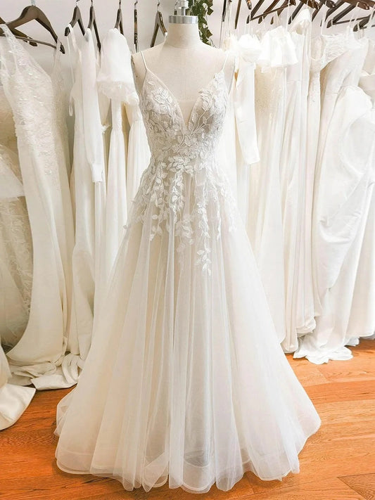 Romantic A Line V Neck Sleeveless Deep V Back Floor Length Wedding Dress