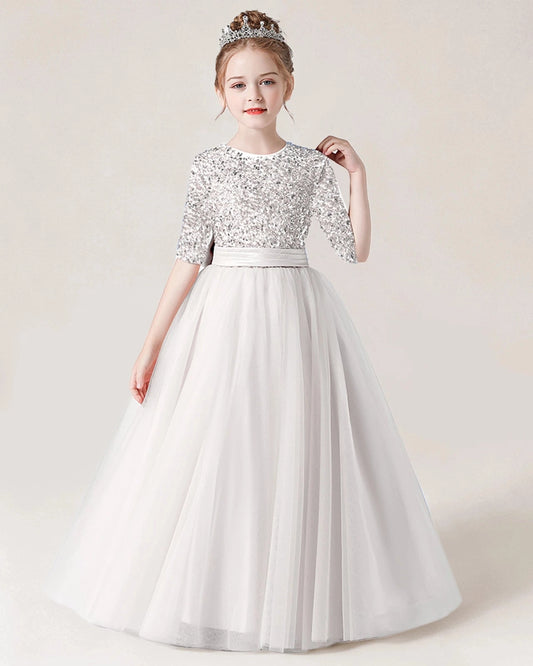 Sparkling A-Line Round Neck Elbow Sleeve Bow Back Floor-Length Flower Girl Dress