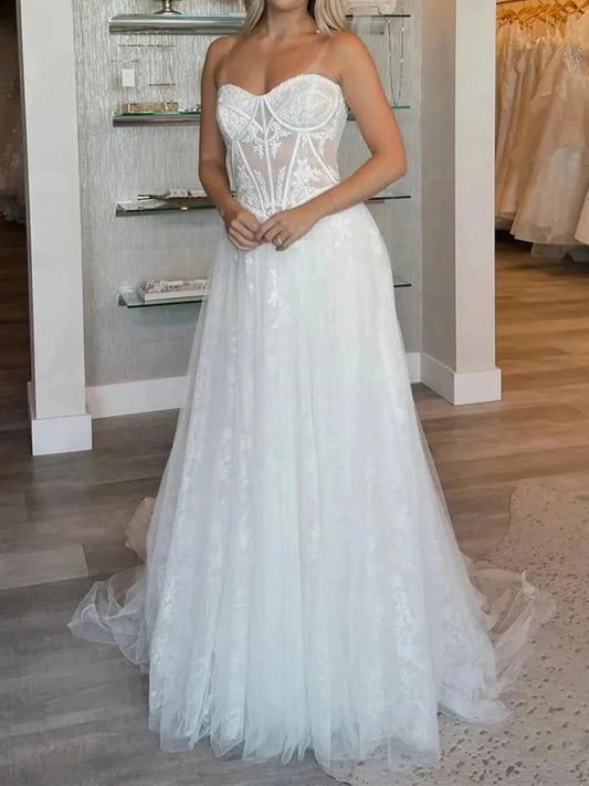 Romantic A Line Sweetheart Sleeveless Corset Back Floor Length Wedding Dress