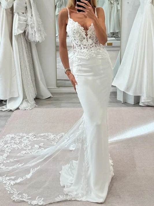 Romantic Mermaid V Neck Sleeveless Low Back Floor Length Wedding Dress