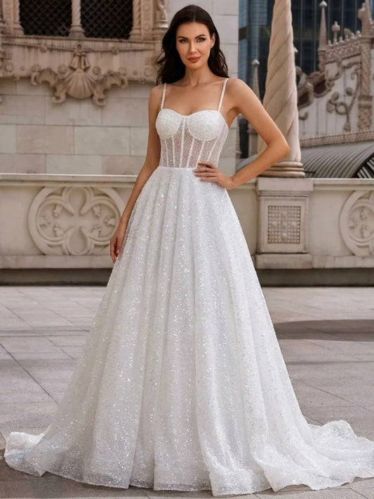 Glamorous A-Line Sweetheart Spaghetti Strap Low Back Floor Length Wedding Dress