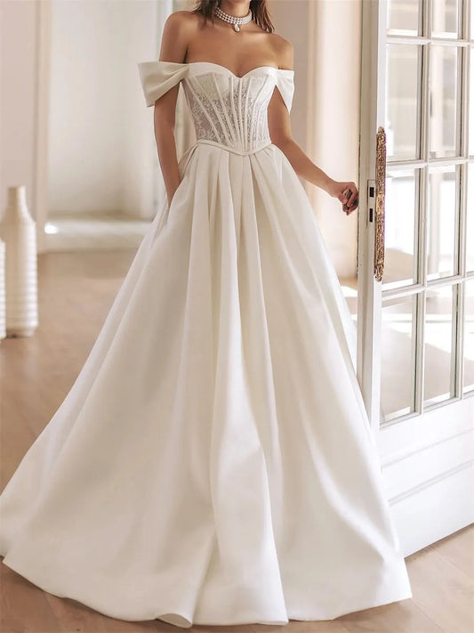 Elegant Ball Gown Sweetheart Off Shoulder Lace Up Floor Length Wedding Dress