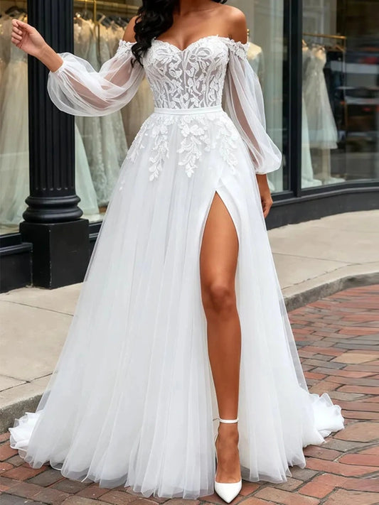 Romantic A-Line Sweetheart Long Sleeve Zipper Back Floor-Length Wedding Dress