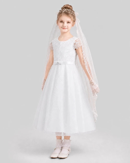 Elegant A-Line Round Neck Short Sleeve Bow Back Ankle-Length Communion Dress