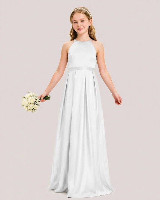 Elegant A Line Halter Sleeveless Strappy Back Floor Length Flower Girl Dress