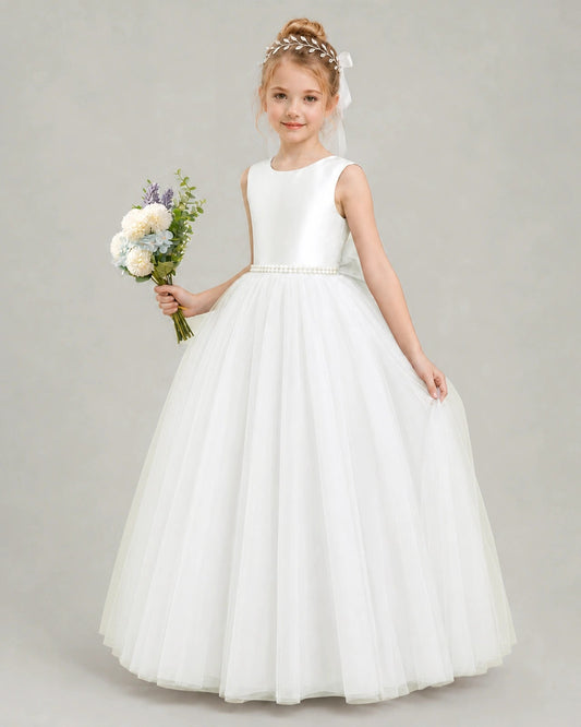 Elegant Ball Gown Round Neck Sleeveless V Back Bow Floor Length Flower Girl Dress