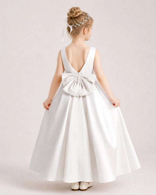 Elegant A-Line Round Neck Sleeveless V-Back Bow Maxi Flower Girl Dress