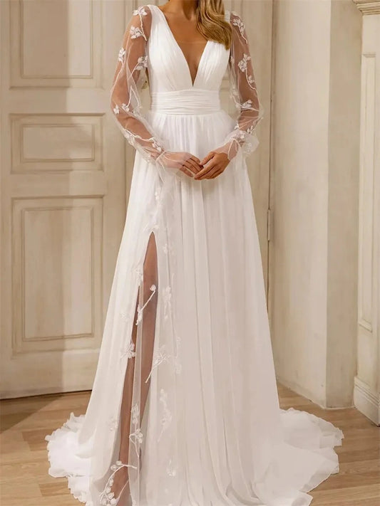 Romantic A-Line V-Neck Long Sleeve V-Back Floor-Length Wedding Dress