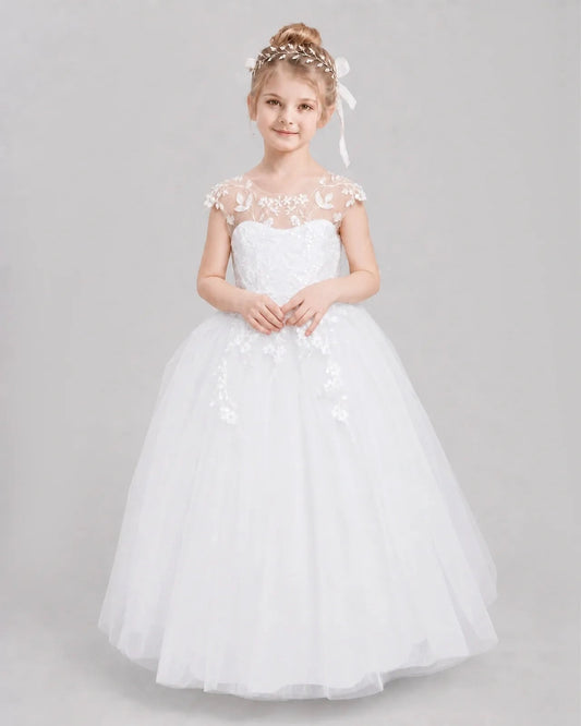 Elegant A-Line Illusion Neck Sleeveless V-Back Bow Floor-Length Flower Girl Dress