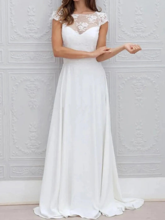 Romantic A-Line Illusion Neck Cap Sleeve Open Back Floor Length Wedding Dress