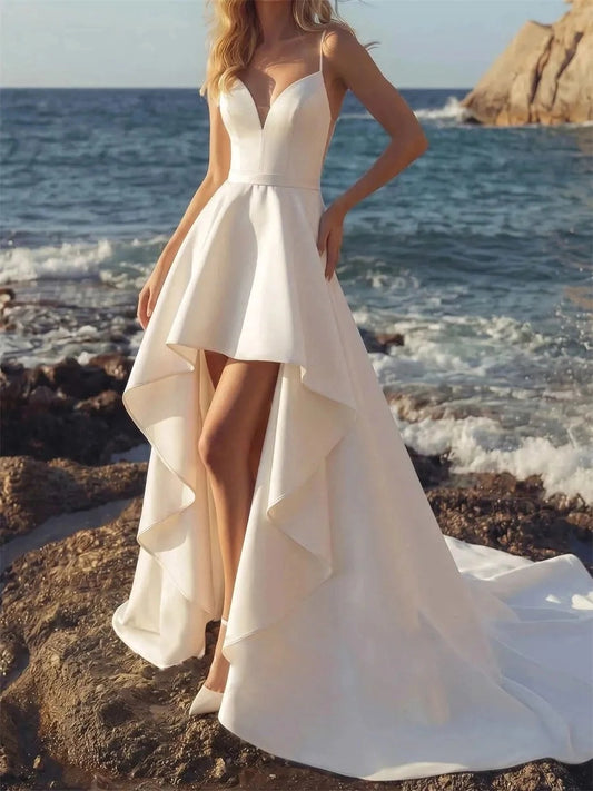 Elegant A Line V Neck Sleeveless V Back High Low Wedding Dress