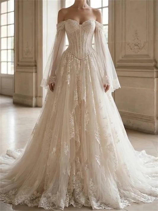 Romantic A-Line Sweetheart Long Sleeve Lace-Up Floor-Length Wedding Dress