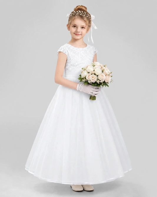 Elegant A-Line Round Neck Cap Sleeve Bow Back Floor-Length Flower Girl Dress