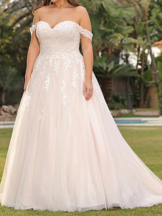 Romantic A-Line Sweetheart Off-Shoulder Lace-Up Floor-Length Wedding Dress