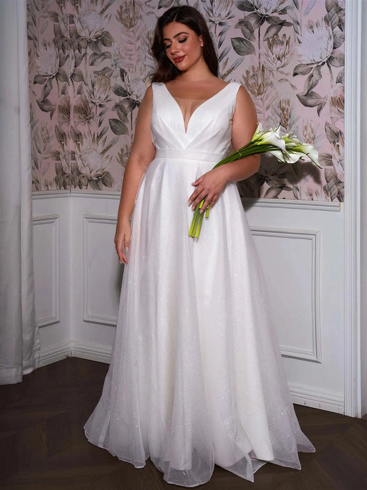 Elegant A-Line V-Neck Sleeveless V-Back Floor-Length Wedding Dress