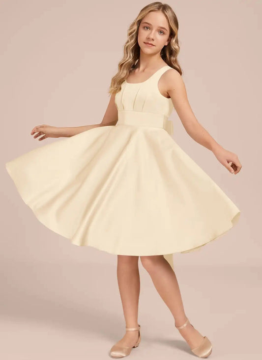 Satin A Line Square Neck Sleeveless Deep V Back Knee Length Flower Girl Dress