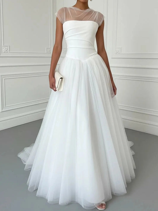 Elegant Ball Gown Illusion Neck Cap Sleeves Zip Back Floor Length Wedding Dress