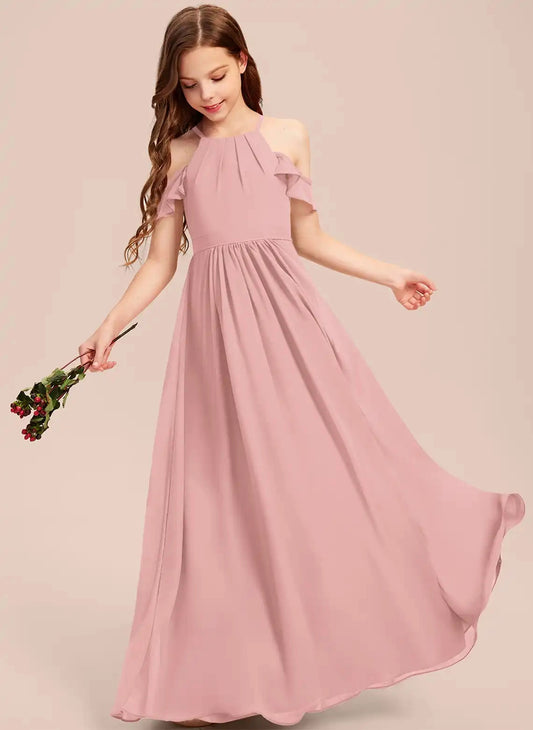 Elegant A-Line Halter Cold Shoulder Zipper Bow Back Maxi Junior Bridesmaid Dress