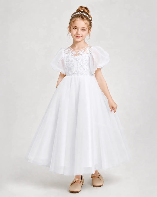 Elegant A-Line Round Neck Puff Sleeve Bow Back Ankle-Length Flower Girl Dress