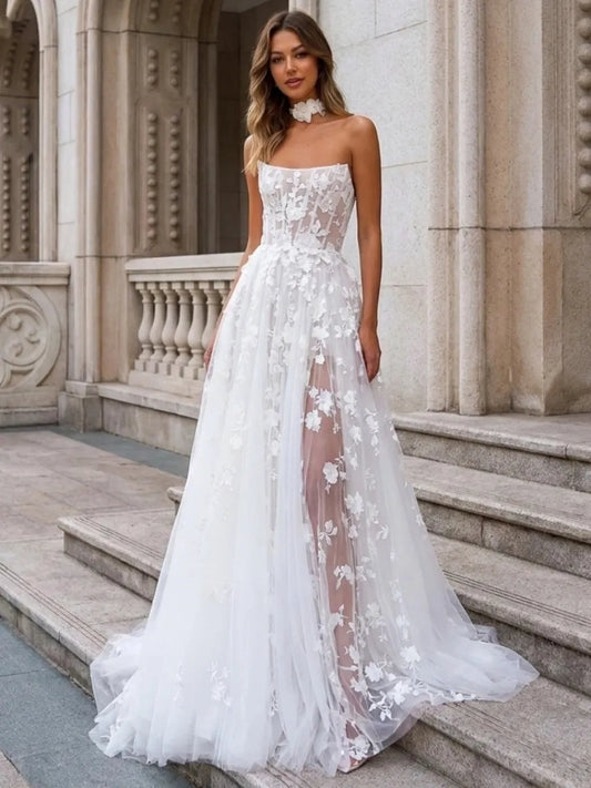 Romantic A-Line Straight Neck Sleeveless Low Back Floor Length Wedding Dress