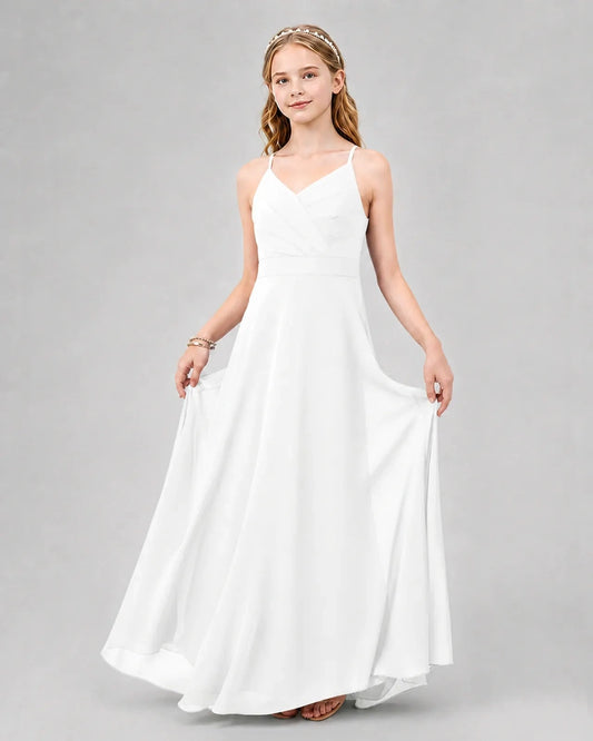 Elegant A-Line V-Neck Sleeveless Tie-Back Floor-Length Flower Girl Dress