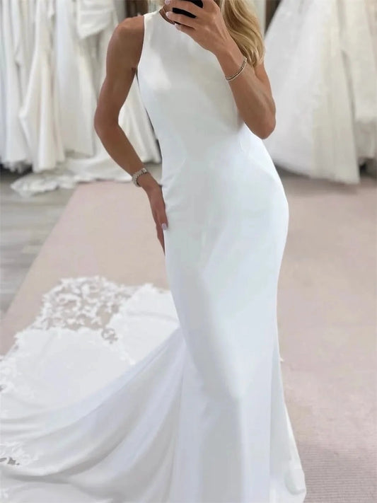 Elegant Mermaid High Neck Sleeveless Open Back Floor Length Wedding Dress