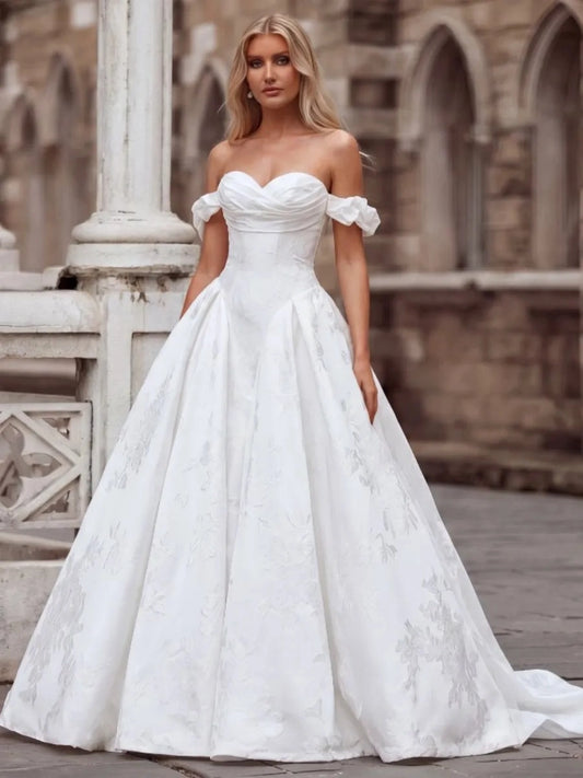 Romantic Ball Gown Sweetheart Off Shoulder Button Back Train Wedding Dress