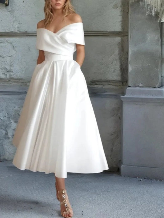 Elegant A-Line V-Neck Short-Sleeve Lace-Up-Back Tea-Length Wedding Dress