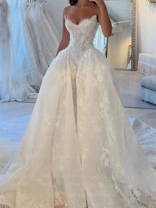 Romantic Ball Gown Sweetheart Sleeveless Low Back Cathedral Train Wedding Dres