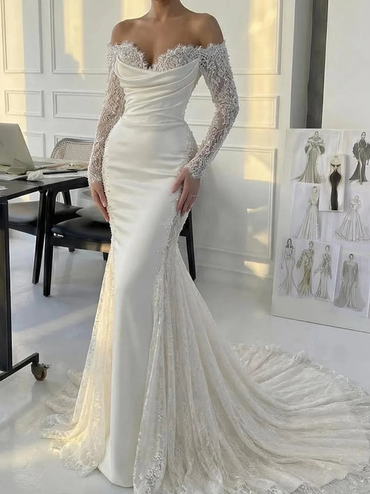 Elegant Mermaid Sweetheart Off Shoulder Long Sleeve Lace Back Train Wedding Dress