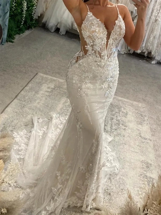 Glamorous Mermaid Plunging Neck Spaghetti Straps Low Back Train Wedding Dress