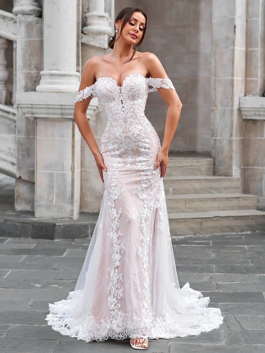 Romantic Mermaid Sweetheart Off Shoulder Low Back Floor Length Wedding Dress