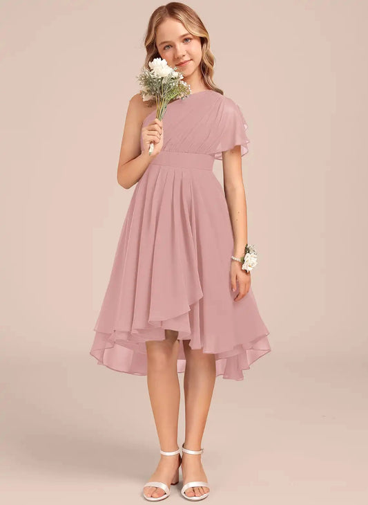 Elegant A-Line One Shoulder Ruffle Sleeve Plain Back Hi-Lo Junior Bridesmaid Dress