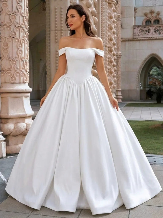 Elegant Ball Gown Draped Off Shoulder V Back Floor Length Wedding Dress