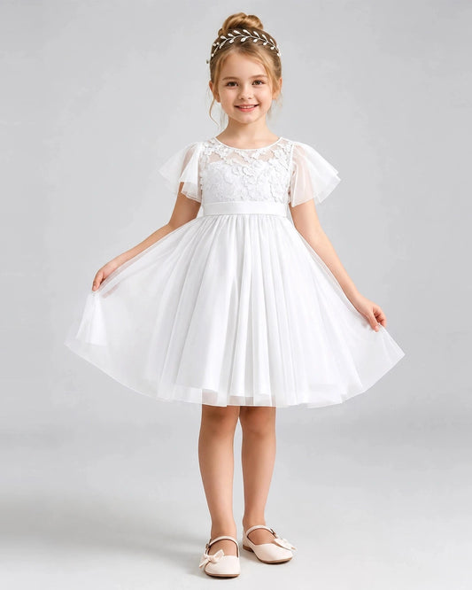 Elegant A-Line Round Neck Flutter Sleeve V-Back Knee-Length Flower Girl Dress