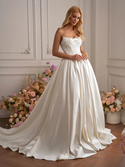 Elegant A Line Scoop Neck Sleeveless Low Back Floor Length Wedding Dress