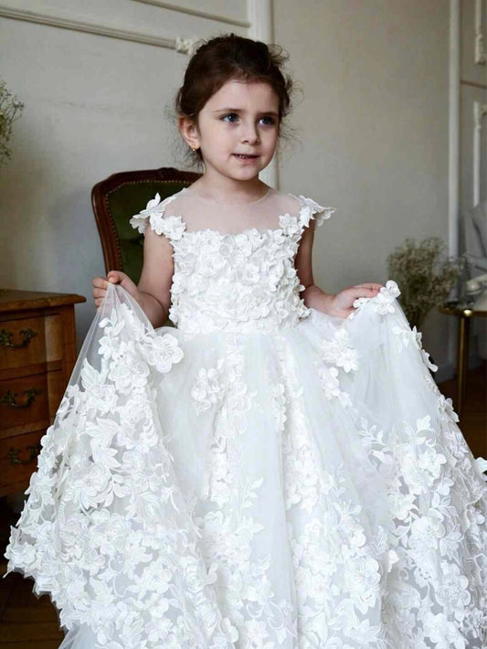 Luxury Ball Gown Illusion Neck Cap Sleeve V Back Floor Length Flower Girl Dress