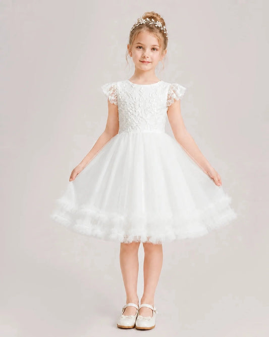 Elegant A-Line Round Neck Flutter Sleeve V-Back Knee-Length Flower Girl Dress