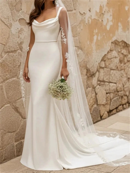 Elegant Mermaid Cowl Neck Sleeveless Low Back Train Wedding Dress
