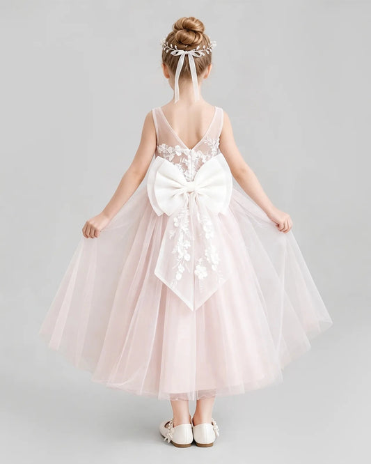 Romantic Ball Gown Illusion Neck Sleeveless Bow Back Tea Length Flower Girl Dress