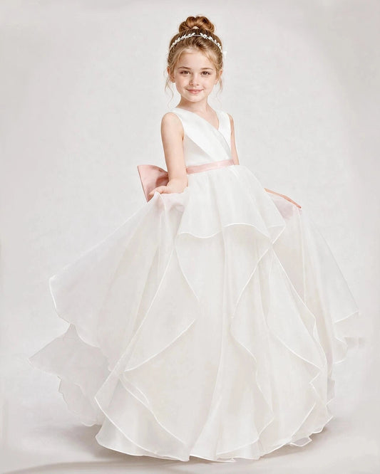Elegant A-Line V-Neck Sleeveless Keyhole Bow Back Floor-Length Flower Girl Dress