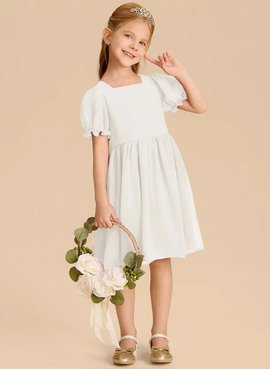 Soft A Line Square Neck Puff Sleeve Bow Back Knee Length First Communion Dress